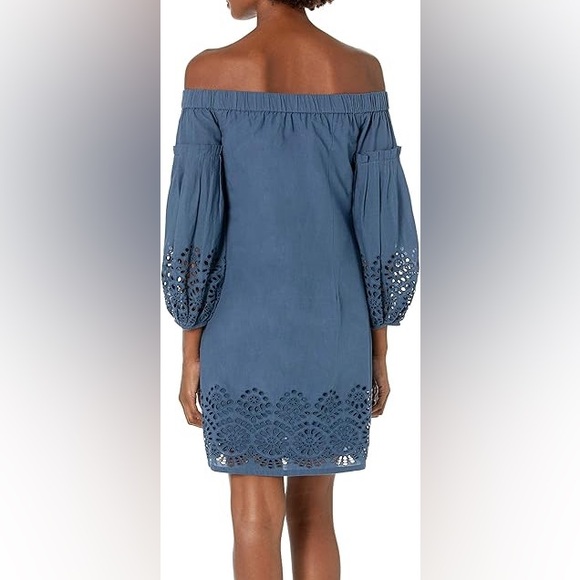 Vince Camino Blue COTTON EYELET OFF THE SHOULDER BALLOON SLEEVE SHIFT DRESS 10 - Picture 2 of 11